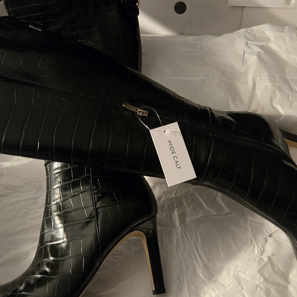 Nine West Black Croc-Embossed Over the Knee Boots